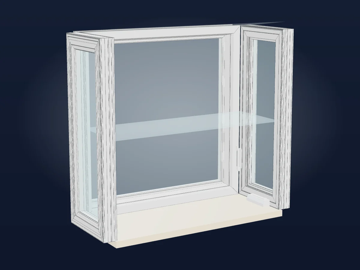 3-D render of a garden window projecting from an exterior wall, with a sloped glass roof, two side vents, and a plant shelf